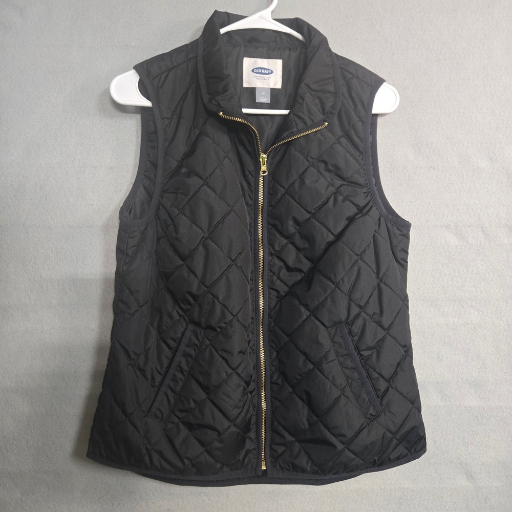 Old Navy Womens Black Quilted Puffer Vest Gold Zip Diamond Stitch Size M - Picture 2 of 9